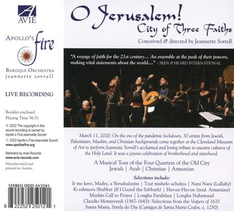 O Jerusalem! City Of Three Faiths - CD Audio di Apollo'S Fire & Jeanette Sorrell - 2