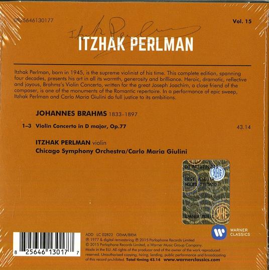 Concerto per violino in Re (Perlman 2014) - CD Audio di Johannes Brahms,Carlo Maria Giulini,Itzhak Perlman,Chicago Symphony Orchestra - 2