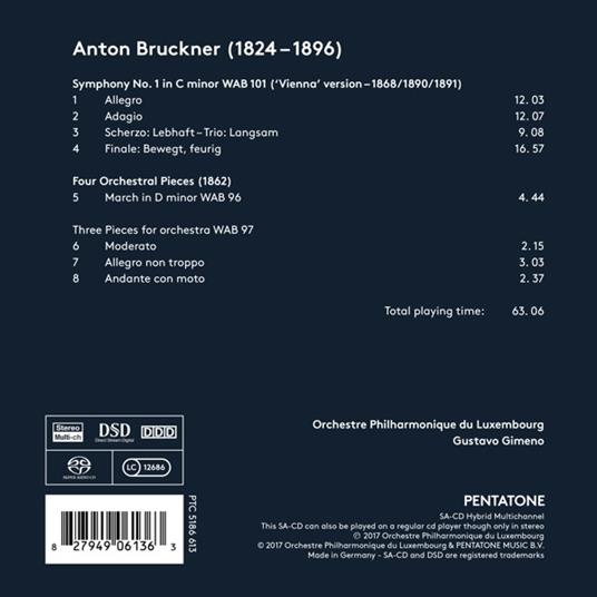 Sinfonia n.1 versione di Vienna 1890-1891 - 4 Pezzi per orchestra - SuperAudio CD ibrido di Anton Bruckner,Orchestra Filarmonica del Lussemburgo,Gustavo Gimeno - 2