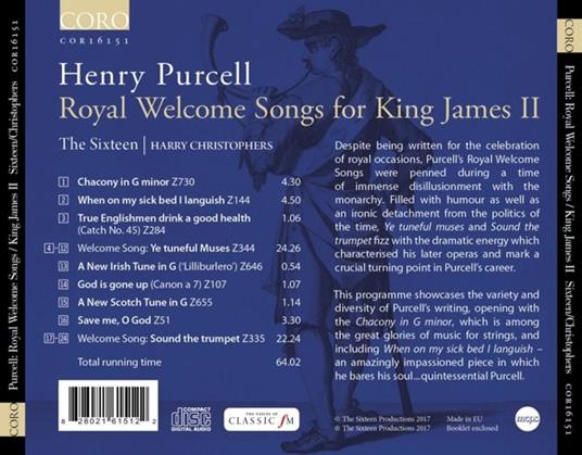 Royal Welcome Songs for James ii - CD Audio di Henry Purcell,Harry Christophers,The Sixteen - 2