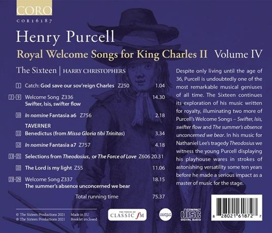 Royal Welcome Songs For King Charles II Volume IV - CD Audio di Henry Purcell,Harry Christophers,The Sixteen - 2