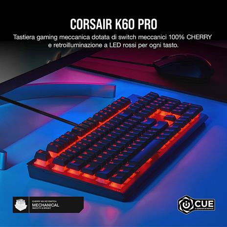 Corsair K60 PRO Tastiera gaming meccanica (Switch meccanici CHERRY MV: Lineare e Veloce, Telaio resistente in alluminio, Retroilluminazione a LED rossi per singolo tasto) QWERTY, Nero - 2