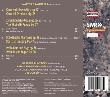 Carnival Overture op.72 - Schottische Phantasie per viola e orchestra op.47 - CD Audio di Walter Braunfels,Gregor Bühl - 2
