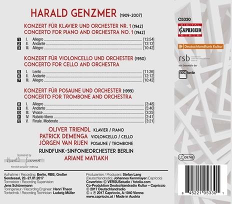 Concerto per pianoforte n.1 - Concerto per violoncello - Concerto per trombone - CD Audio di Harald Genzmer,Ariane Matiakh - 2