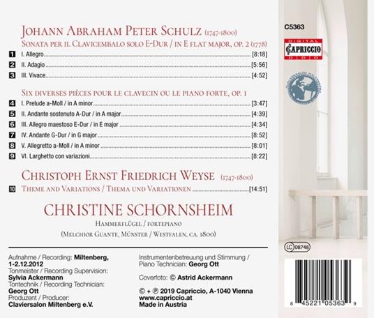 Six diverses pièces op.1 - CD Audio di Christine Schornsheim,Johann Abraham Peter Schulz - 2