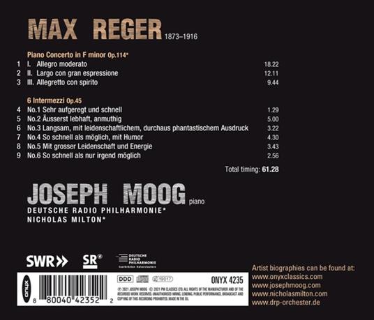 Reger Piano Concerto/6 Intermezzi - CD Audio di Joseph Moog - 2