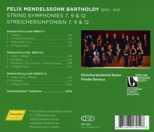 Sinfonie per archi n.7, n.9, n.12 - CD Audio di Felix Mendelssohn-Bartholdy,Frieder Bernius - 2