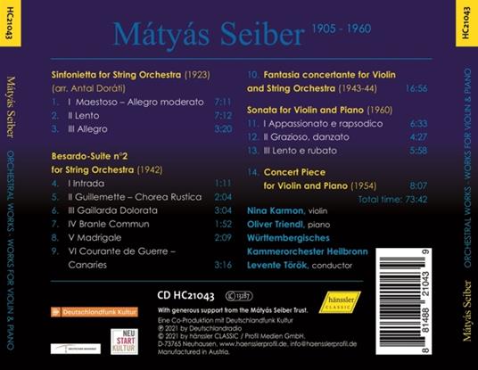 Orchestral Works And Works For Violin & Piano - CD Audio di Matyas Seiber,Nina Karmon - 2
