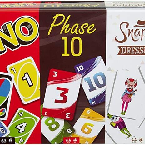 Mattel Games- Cofanetto da Collezionare con 3 Giochi di Carte Uno Phase 10 e Snappy Dressers FFK01 - 3