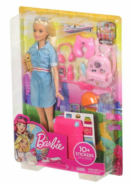 Barbie in Viaggio, Bambola Bionda con Cucciolo, Valigia che si Apre,  Adesivi e Accessori, Giocattolo per Bambini 3 + Anni, FWV25