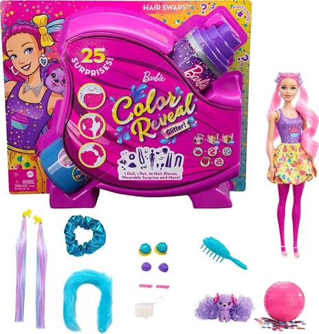 ?Barbie Color Reveal Glitter, Bambole con 25 acconciature e sorprese a tema festa, per bambini 3+ anni. Mattel (HBG38) - 3