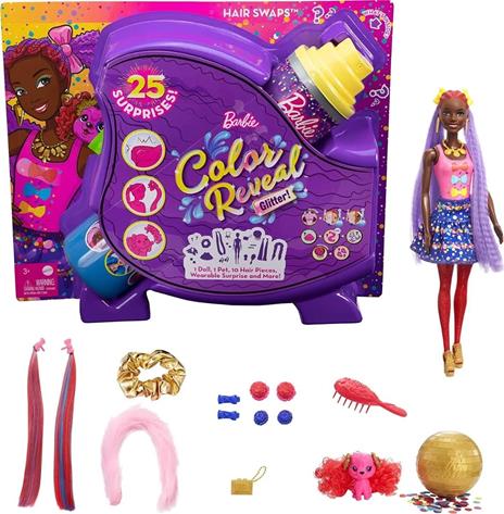 ?Barbie Color Reveal Glitter, Bambole con 25 acconciature e sorprese a tema festa, per bambini 3+ anni. Mattel (HBG38) - 4