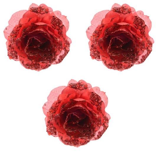 3 Rose Decorative Con Clip Glitterate Rosso 14Cm Decorazione Natale