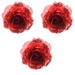 3 Rose Decorative Con Clip Glitterate Rosso 14Cm Decorazione Natale