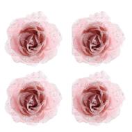 Offerta 4 Rose Rosa Glitterata 14Cm Appendibile Addobbi Albero