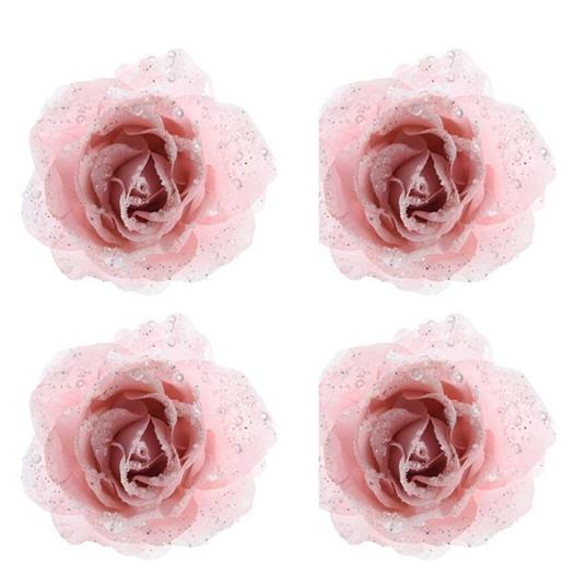 Offerta 4 Rose Rosa Glitterata 14Cm Appendibile Addobbi Albero Natale