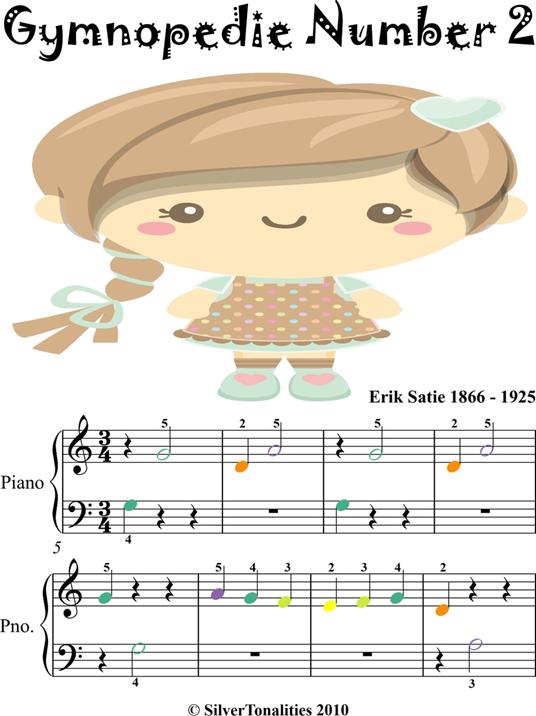Gymnopedie Number 2 Beginner Piano Sheet Music with Colored Notes - Erik Satie - ebook