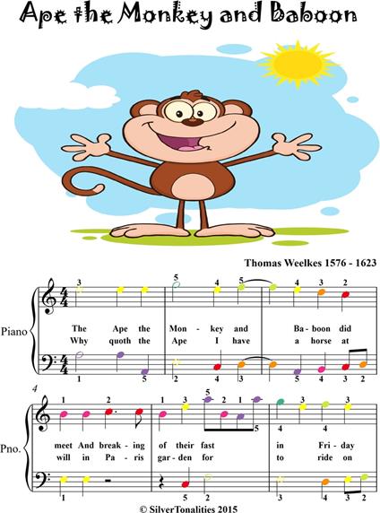 The Ape the Monkey and Baboon Easy Piano Sheet Music with Colored Notes - Weelkes Thomas - ebook