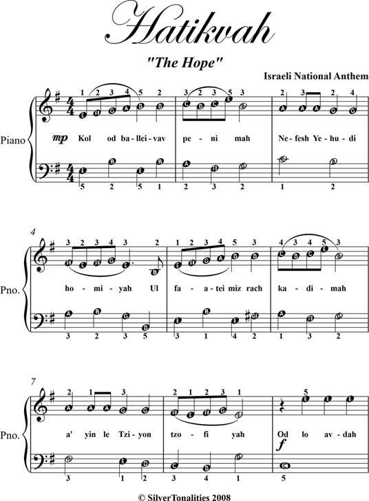 Hatikvah Easy Piano Sheet Music - Traditional Israeli - ebook