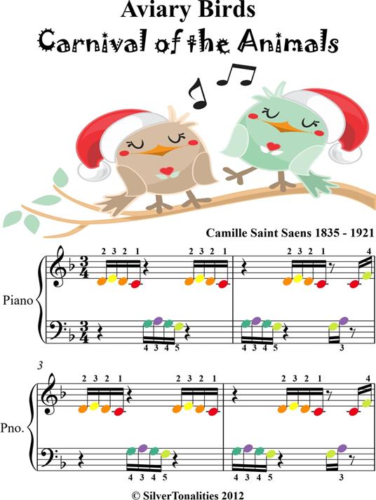 Aviary Carnival of the Animals Beginner Piano Sheet Music with Colored Notes - Saint-Saens Camille - ebook