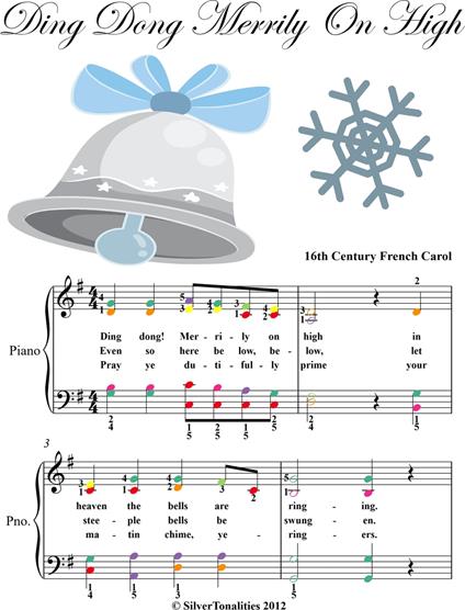 Ding Dong Merrily on High Elementary Piano Sheet Music Colored Notes - Traditional Christmas Carol - ebook