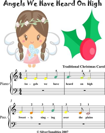 Angels We Have Heard On High Beginner Piano Sheet Music with Colored Notes - Traditional Christmas Carol - ebook