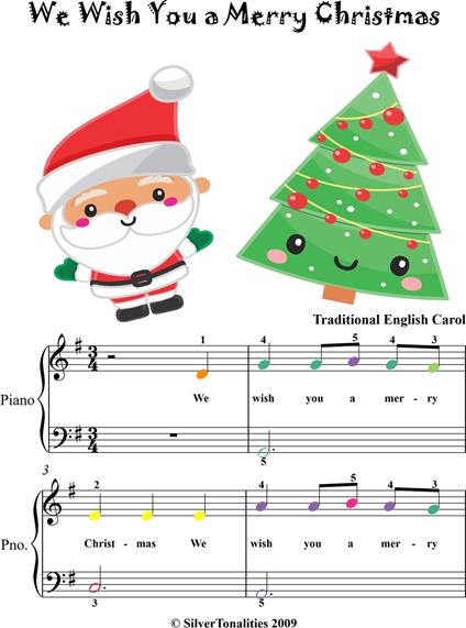 We Wish You a Merry Christmas Easiest Piano Sheet Music with Colored Notes - Traditional Christmas Carol - ebook