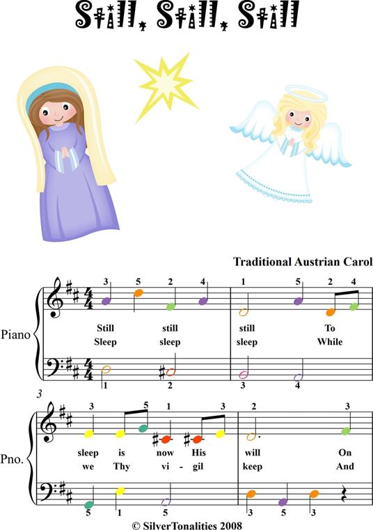 Still Still Still Easy Piano Sheet Music with Colored Notes - Traditional Christmas Carol - ebook