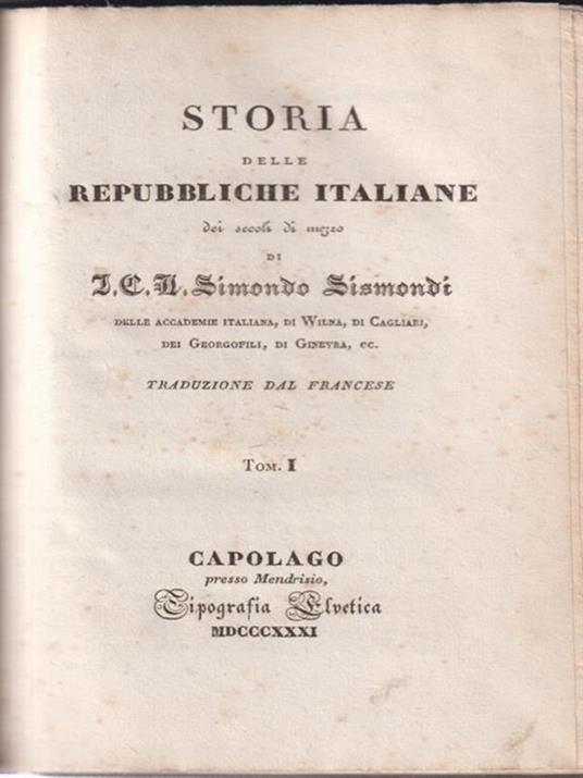 Storia delle Repubbliche Italiane dei secoli di mezzo vol I - Simonde de Sismondi - copertina