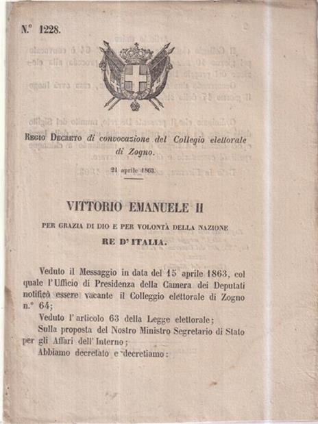 Regio decreto di convocazione del collegio elettorale di Zogno del 1863 - 2