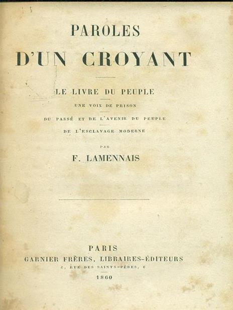 Paroles d'un croyant - Félicité de Lamennais - copertina