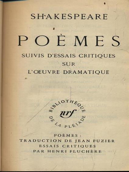 Poemes suivis d'essais critiques sur l'oeuvre dramatique - William Shakespeare - copertina