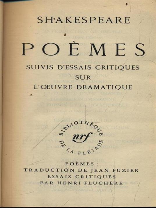 Poemes suivis d'essais critiques sur l'oeuvre dramatique - William Shakespeare - copertina