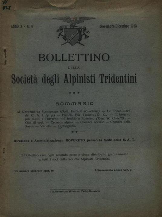 Bollettino della società degli alpinisti tridentini novembre-dicembre 1913 - copertina