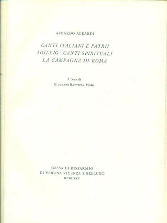 Canti italiani e patrii - Idillio - Cantis spirituali - La Campagna di Roma - Aleardo Aleardi - copertina