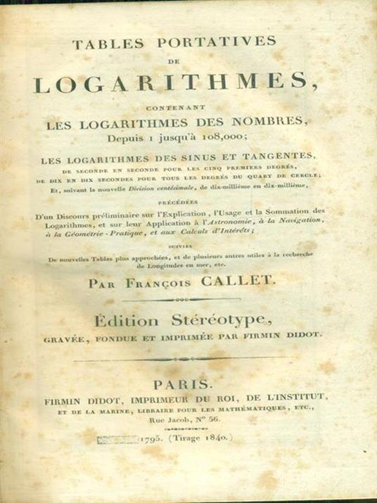 Tables portatives de logarithmes - Francois Callet - copertina