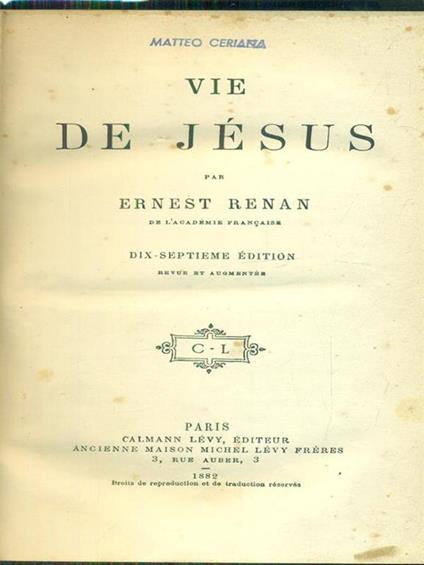 Vie de Jesus - Ernest Renan - copertina