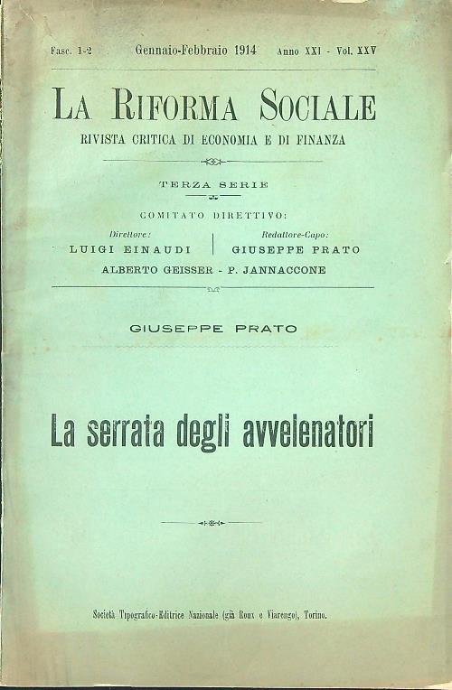 La riforma sociale Fasc 1-2 Gennaio-Febbraio 1914 Anno XXI - Vol XXV - copertina