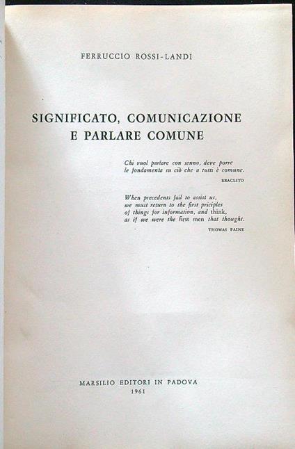 Significato, comunicazione e parlare comune - Ferruccio Rossi-Landi - copertina