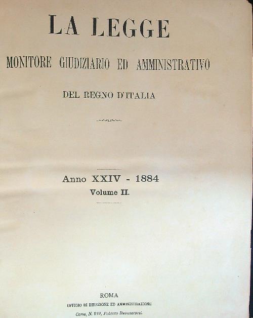 La legge Anno XXIV 1884 Vol II - copertina