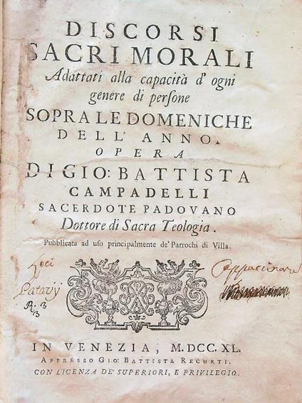 Discorsi sacri morali. Adattati alla capacità d'ogni genere di persone - Gio Battista Campadelli - copertina