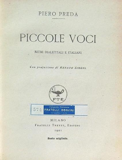 Piccole voci. Ritmi dialettali e italiani - Piero Preda - copertina