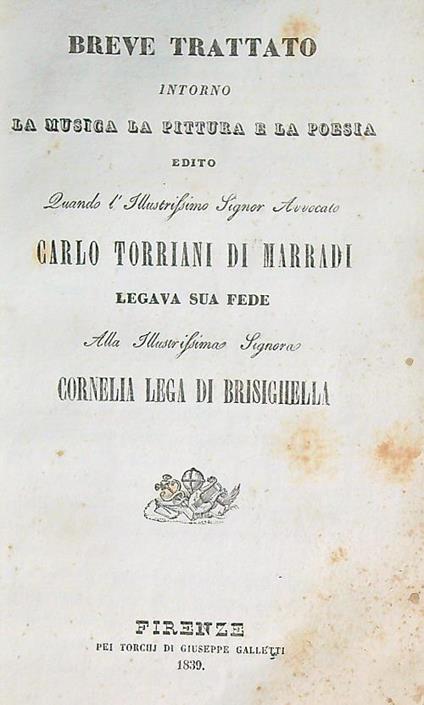 Breve trattato intorno la musica la pittura e la poesia - Carlo Torriani di Marradi - copertina