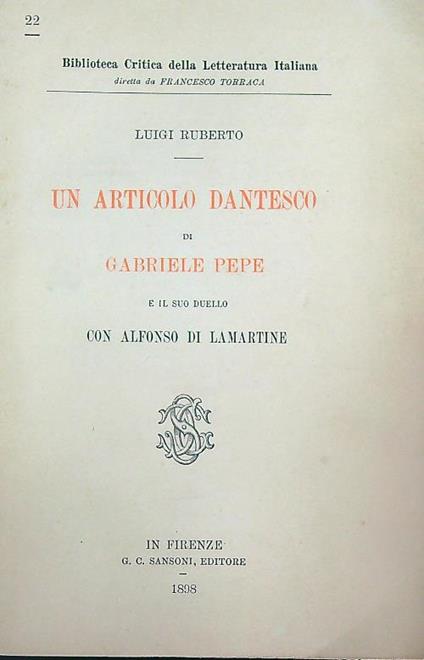 Un articolo dantesco di Gabriele Pepe e il suo duello con Alfonso di Lamartine - Luigi Ruberto - copertina