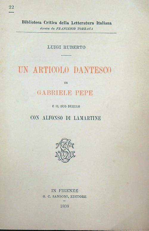 Un articolo dantesco di Gabriele Pepe e il suo duello con Alfonso di Lamartine - Luigi Ruberto - copertina