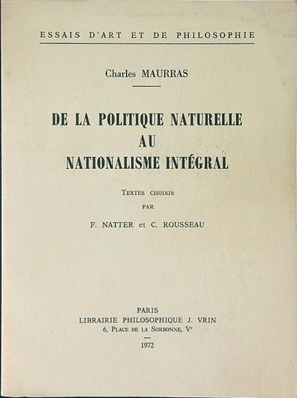 De la politique naturelle au nationalisme integral - F. Natter - copertina