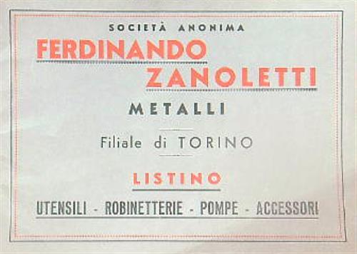 Società Anonima Ferdinando Zanoletti Metalli. Filiale di torino Listino - copertina