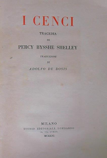 I cenci - Percy Bysshe Shelley - copertina