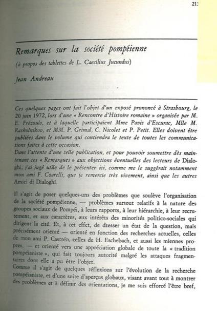 Remarques sur la societé pompeienne (à propos des tablettes de L. Caecilus Jucundus) - Jean Andreau - copertina