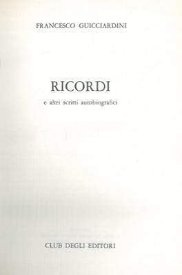Ricordi - Francesco Guicciardini - copertina